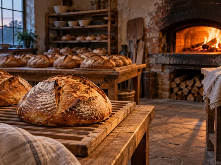 Golden sourdough loaves cool beside a glowing brick bakery oven.
