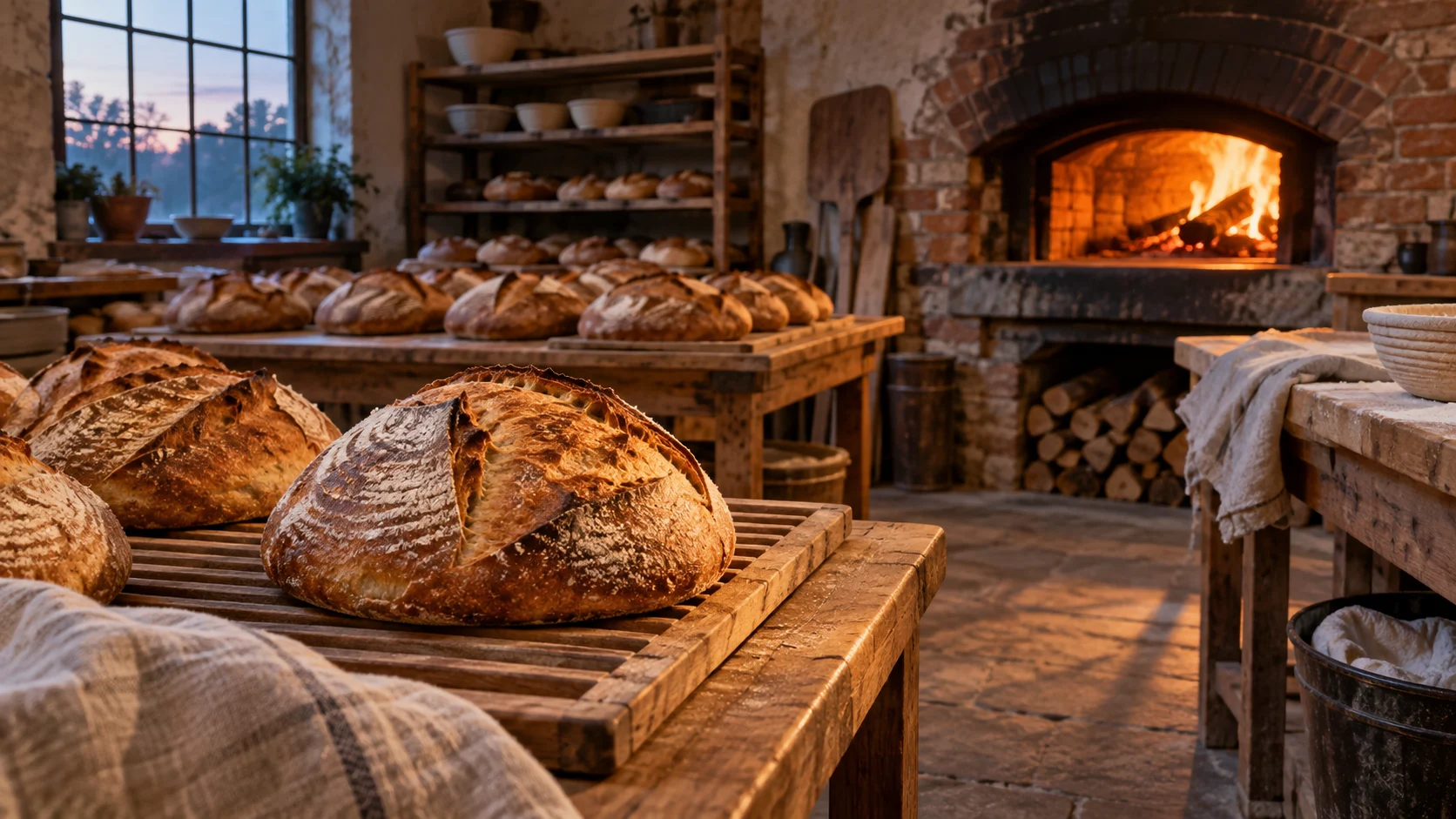 Golden sourdough loaves cool beside a glowing brick bakery oven.