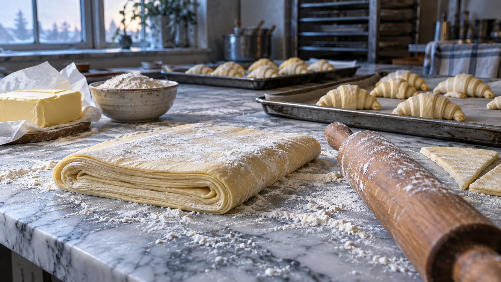 Laminated dough and unbaked croissants cover a flour-dusted marble worktable.