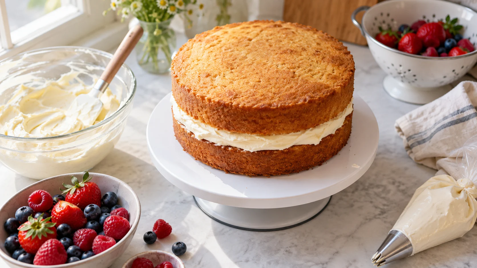 An unfrosted layer cake sits beside buttercream and fresh berries.