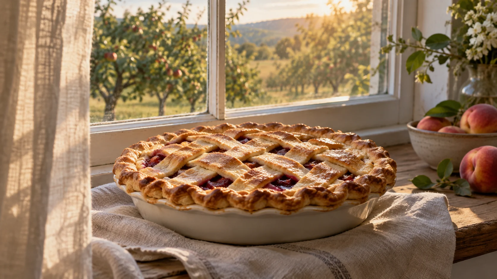 A lattice fruit pie cools on a farmhouse windowsill overlooking an orchard.