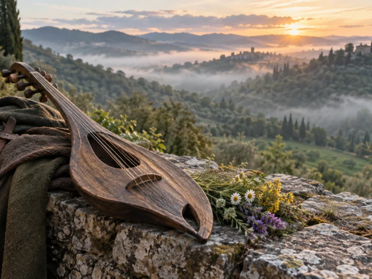 A wooden lute rests above a broad green valley at sunrise.