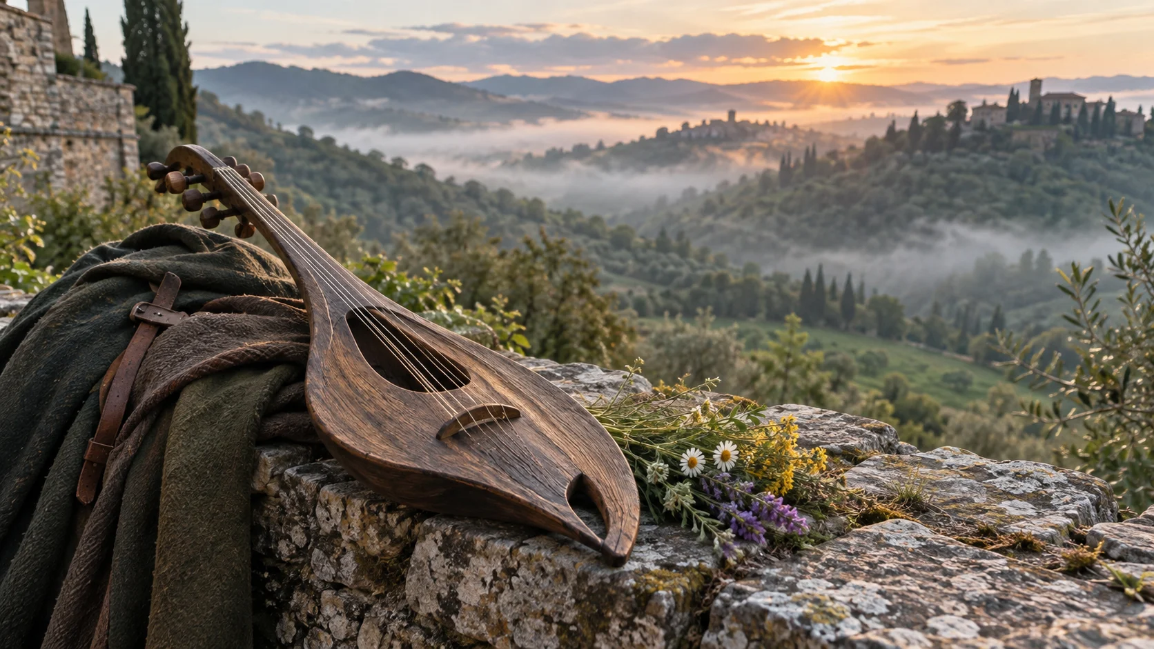 A wooden lute rests above a broad green valley at sunrise.