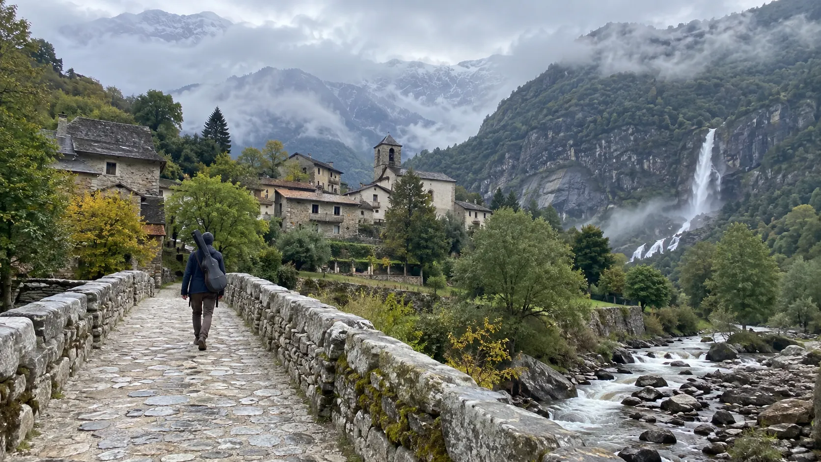 A traveling musician crosses an old stone bridge with an instrument case.