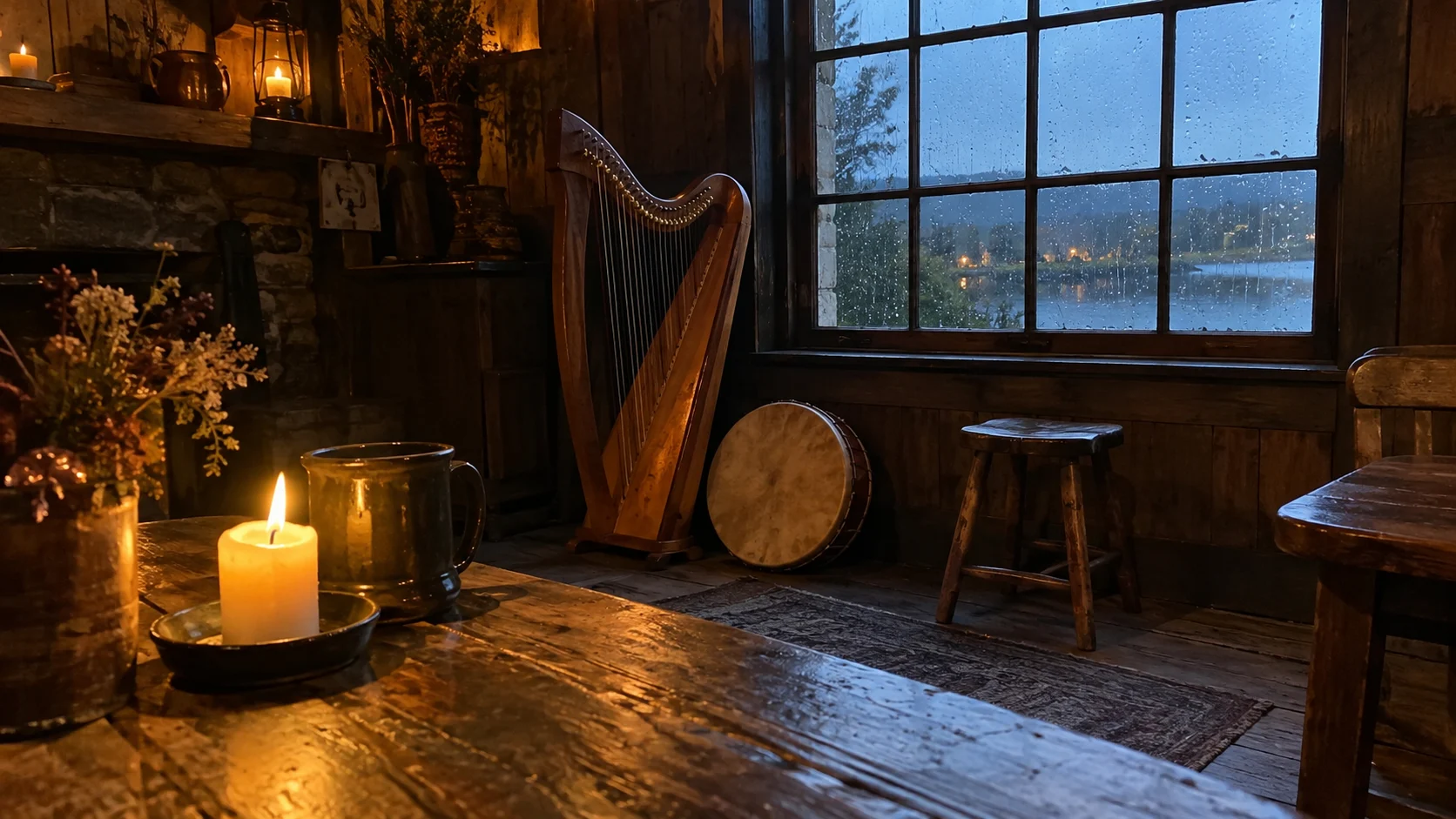 Musical instruments rest inside a warm tavern on a rainy evening.