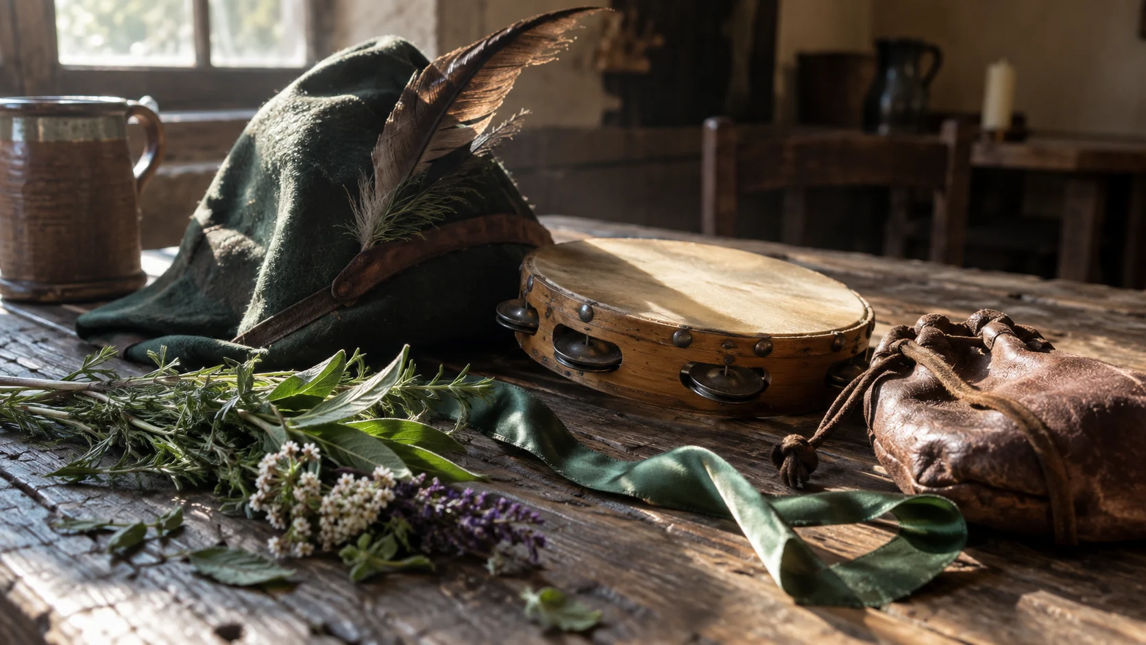 A traveling performer's instruments and accessories cover a rustic table.