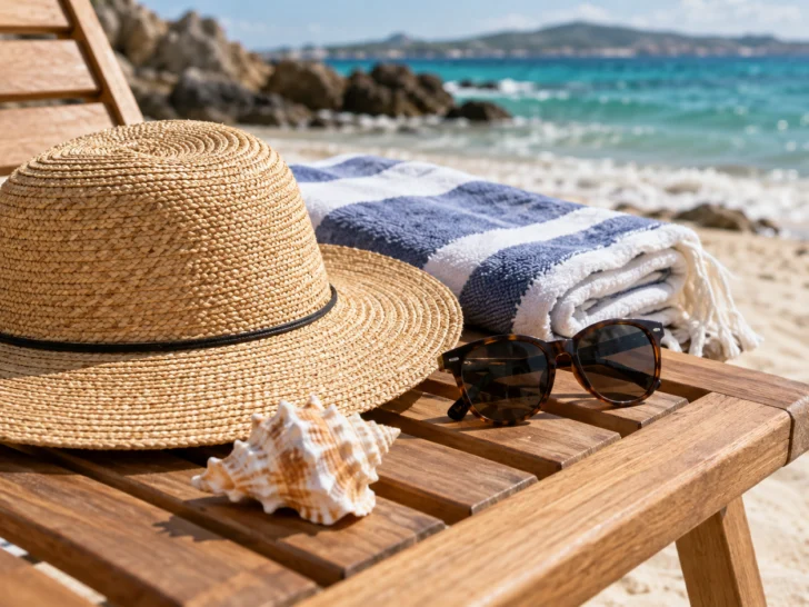 A woven beach chair and sun hat sit beside calm blue water.