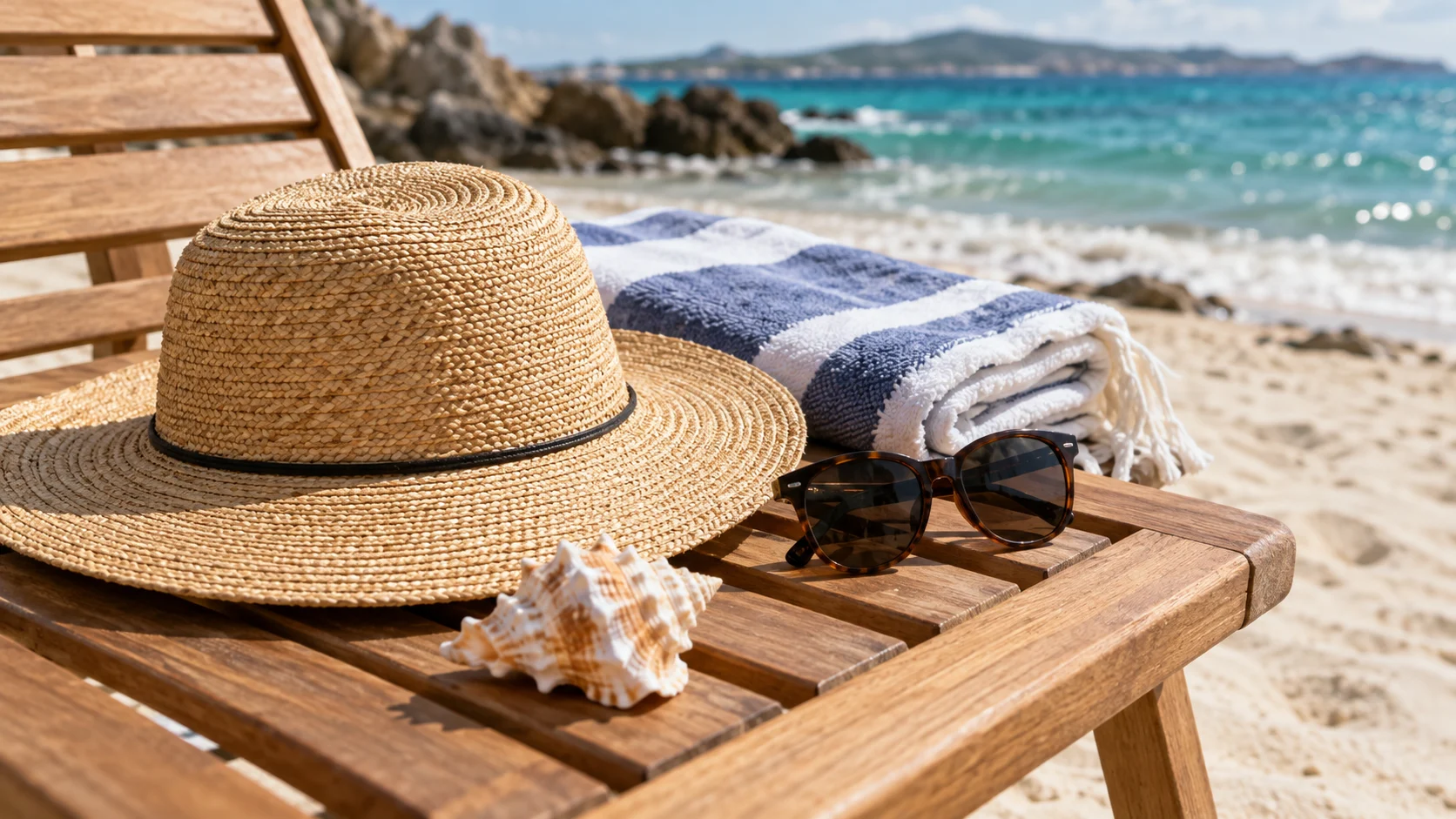 A woven beach chair and sun hat sit beside calm blue water.