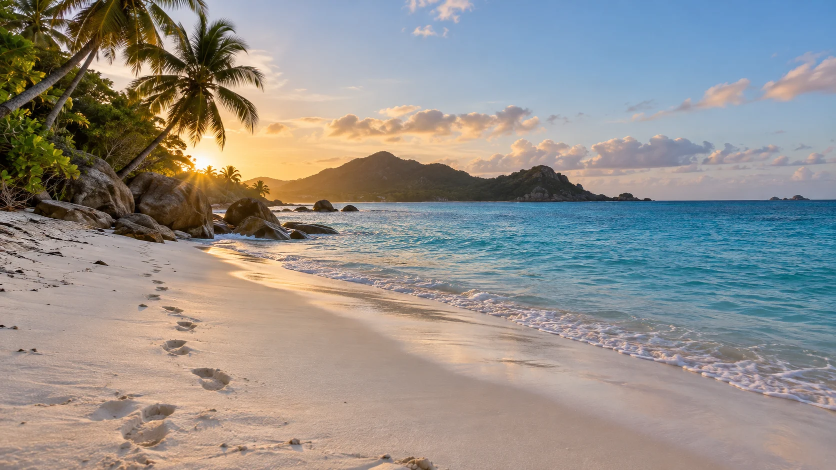 An empty tropical beach curves beside clear water and palm trees.