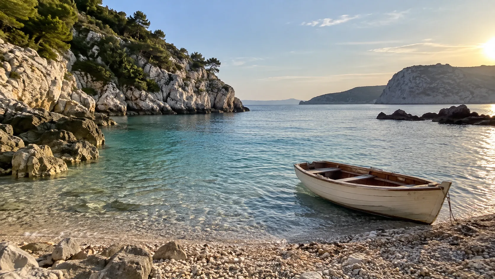 A blank wooden rowboat rests in a quiet Mediterranean cove at sunset.