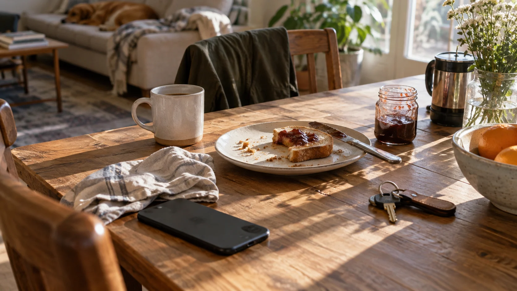Toast, coffee, keys, and a face-down phone remain on a candid breakfast table.