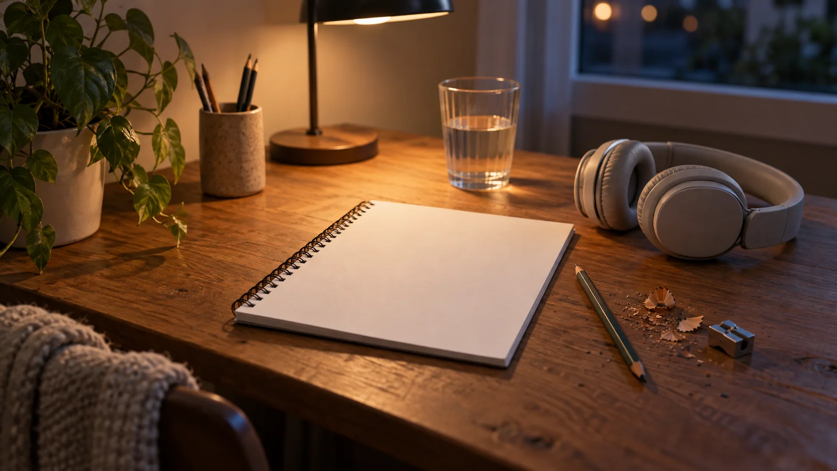 A blank notebook, headphones, pencil shavings, and water glass sit under an evening lamp.