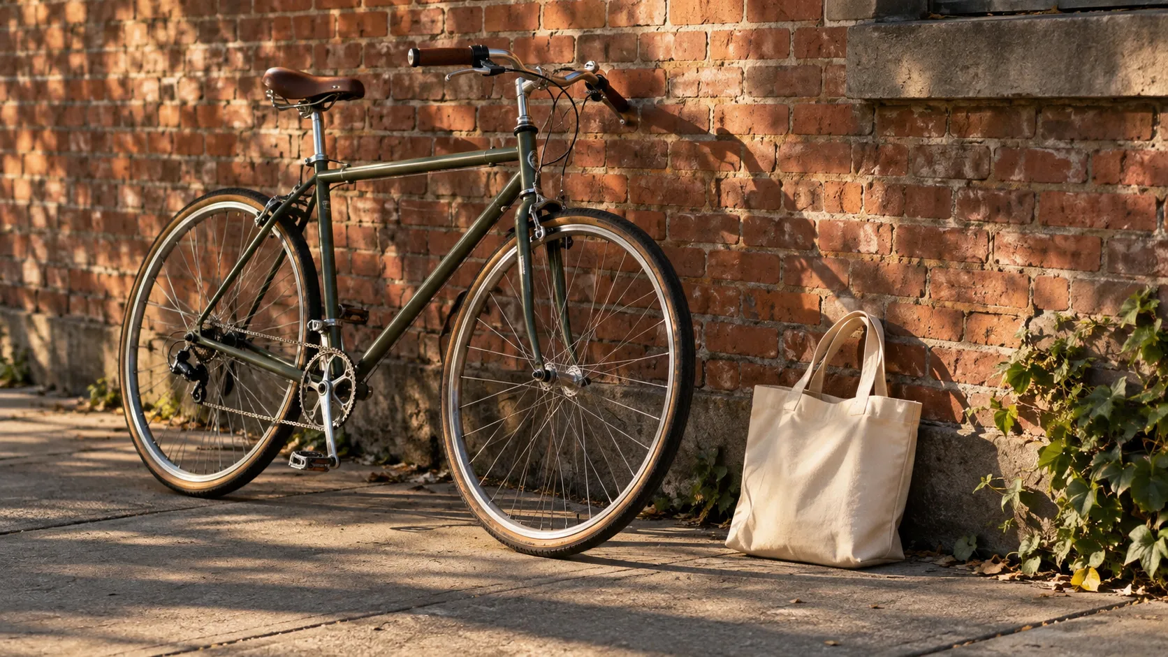 A plain bicycle and canvas tote lean against a sunlit brick wall.