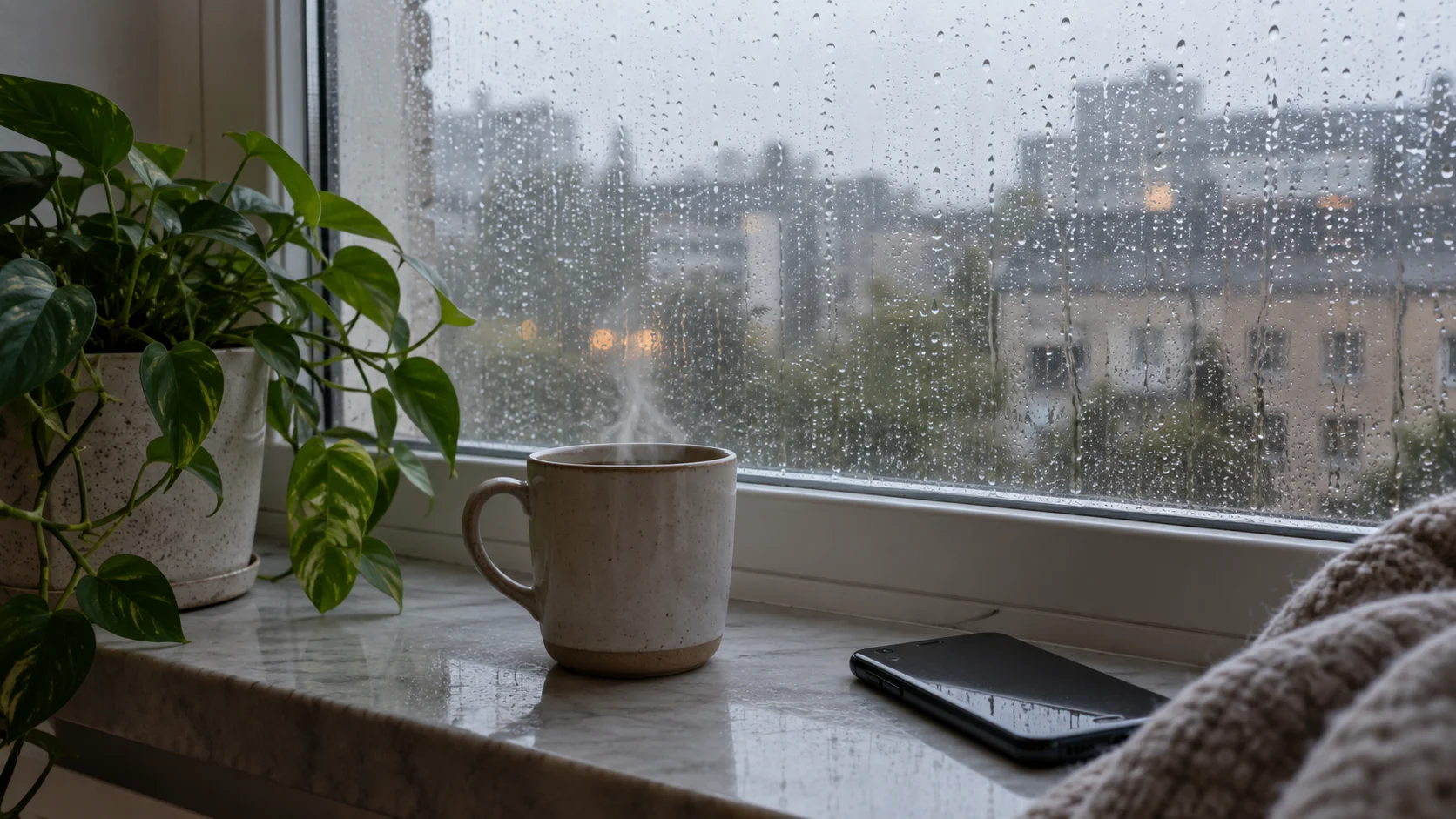 A steaming mug and face-down phone sit beside a plant at a rain-covered window.