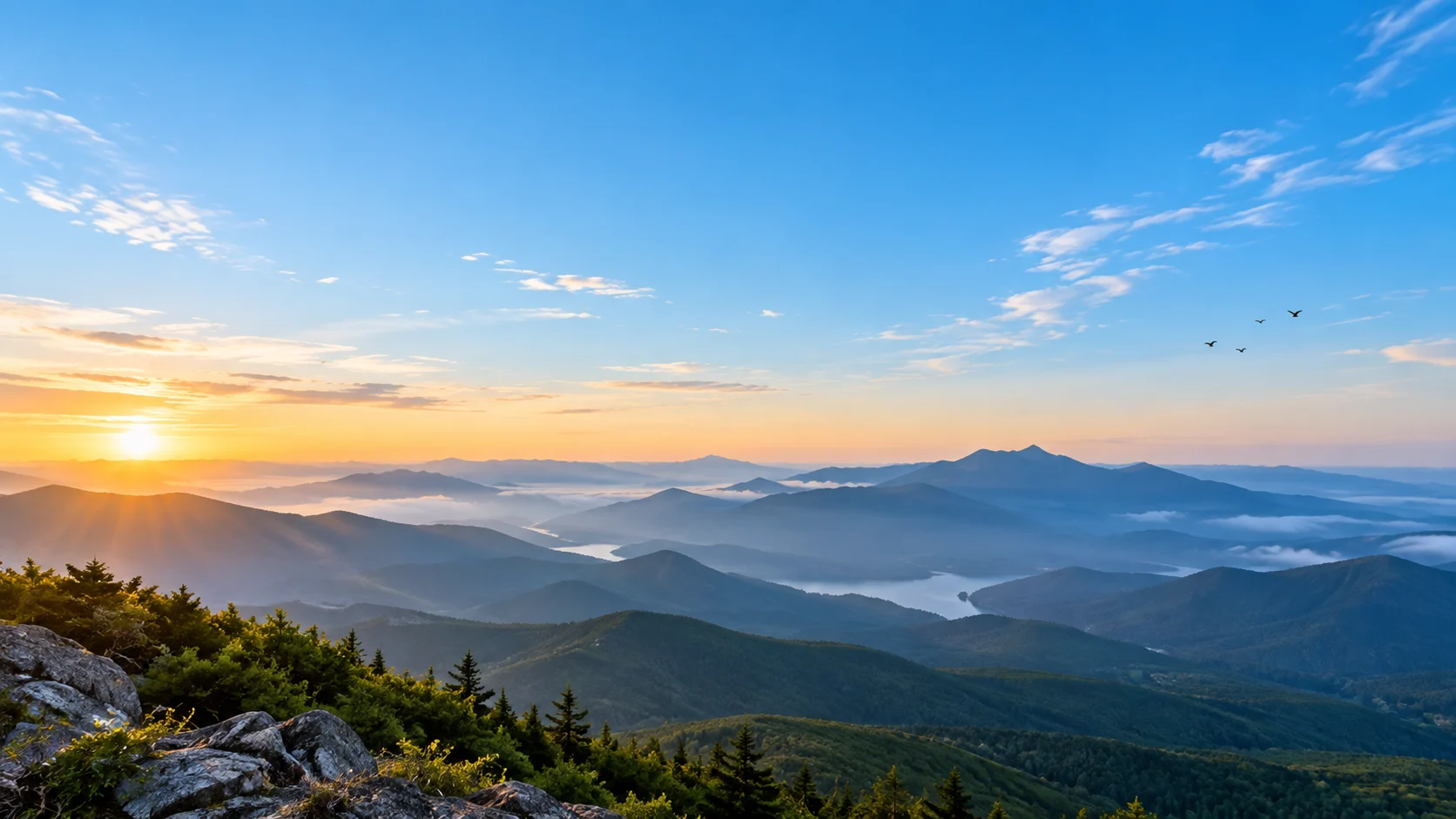 Birds cross a vast blue sky above layered mountains at sunrise.