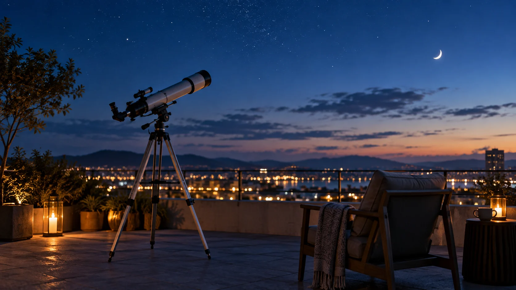 A telescope points into a crescent-moon sky from a quiet rooftop at twilight.