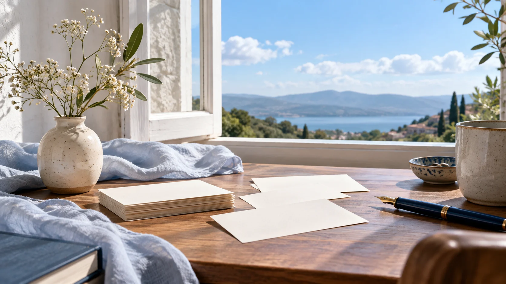 Blank cards and a fountain pen sit beside an open window overlooking blue sky and water.