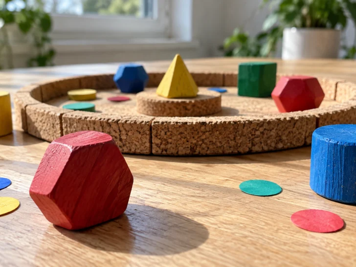 Colorful handmade wooden shapes surround a small cork tabletop arena.