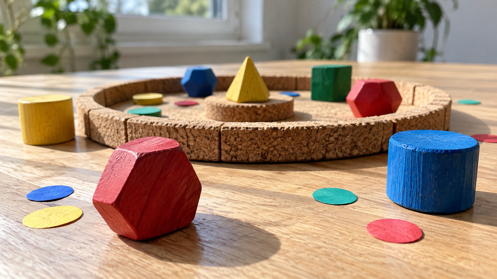 Colorful handmade wooden shapes surround a small cork tabletop arena.