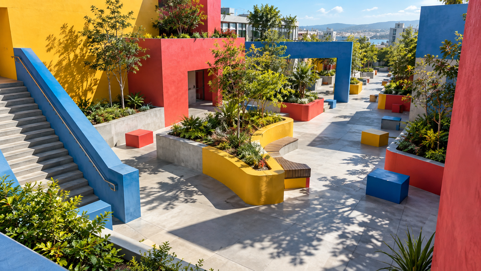 Primary-color walls and planters shape a bright urban courtyard.