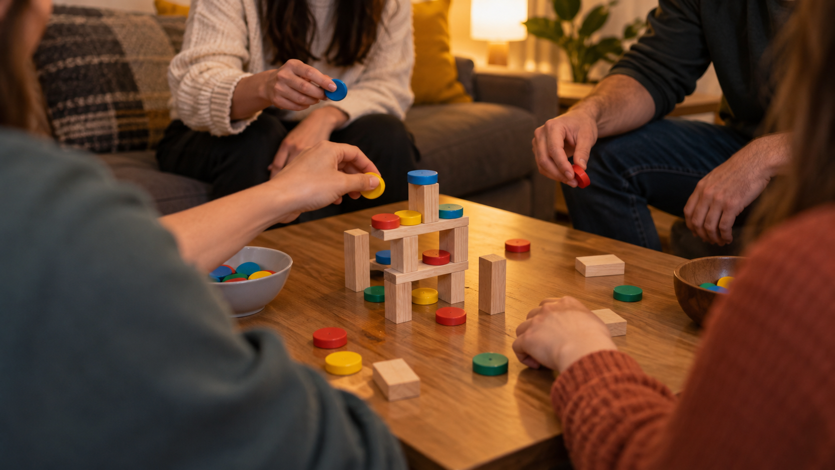 Friends play a colorful wooden dexterity game around a coffee table.