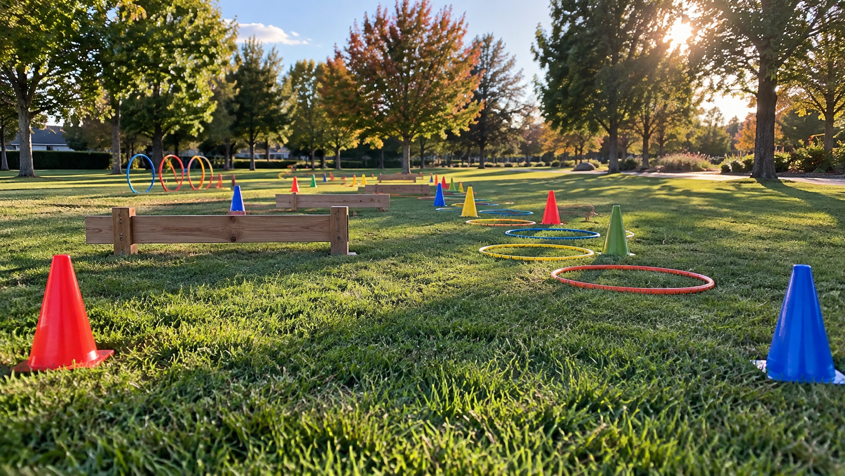 Colorful cones, hoops, and wooden barriers form an empty park obstacle course.