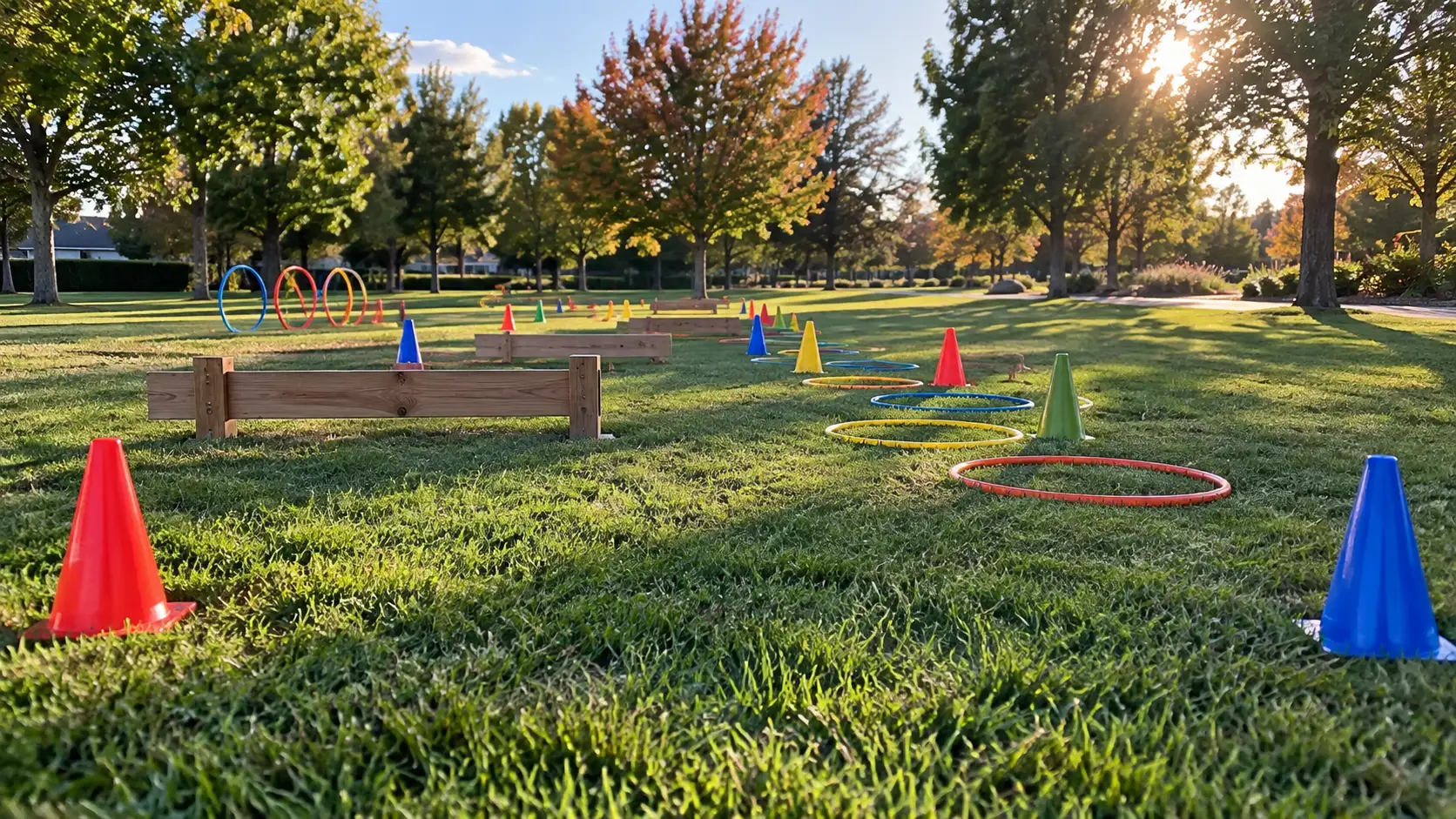 Colorful cones, hoops, and wooden barriers form an empty park obstacle course.