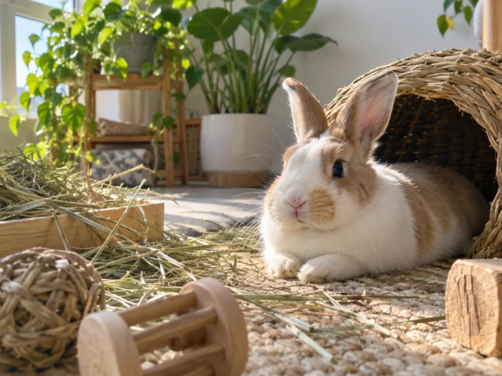 A pet rabbit rests on a woven rug in a bright plant-filled sunroom.