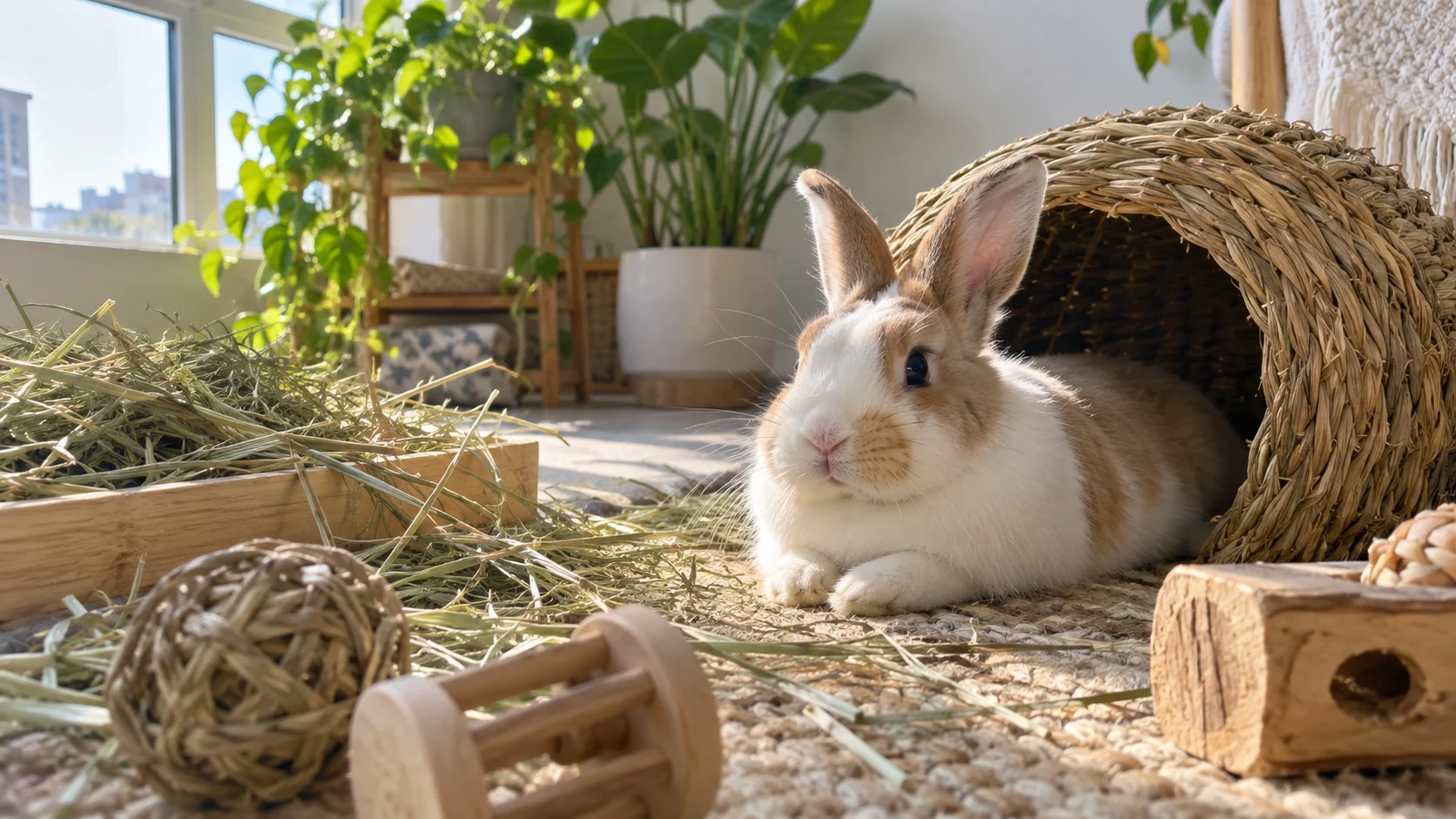 A pet rabbit rests on a woven rug in a bright plant-filled sunroom.