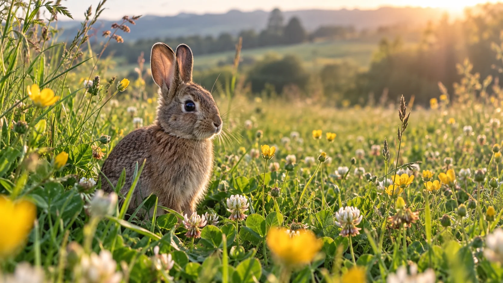 A wild rabbit pauses among clover in a sunlit meadow.