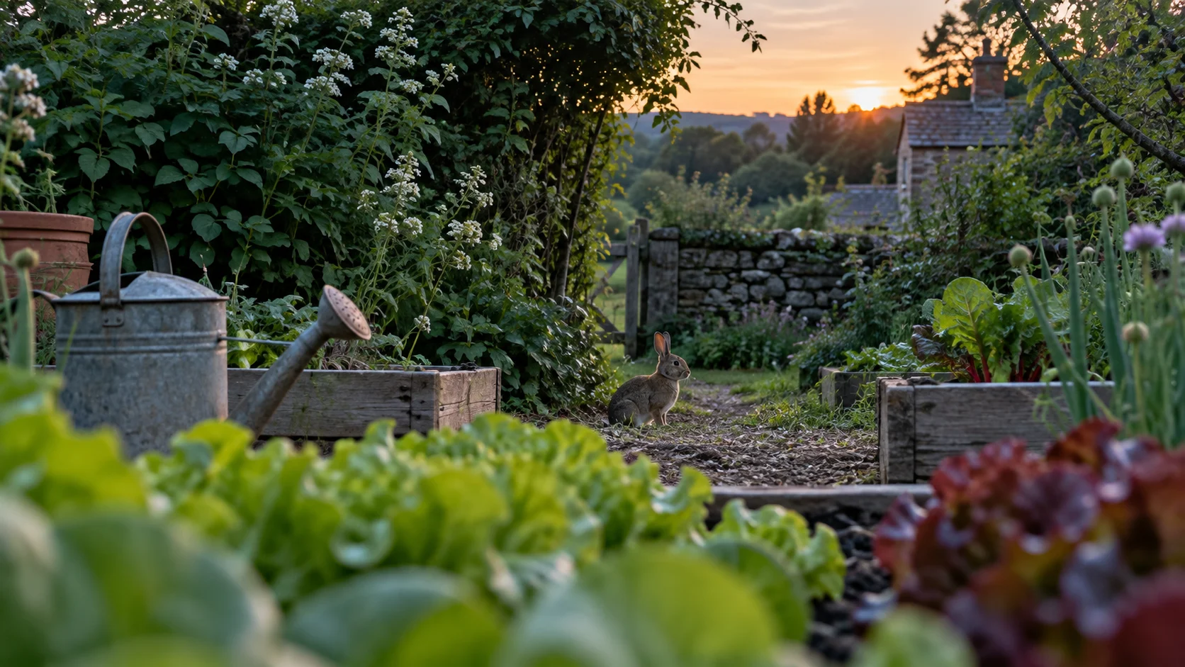 A rabbit explores the edge of a rustic vegetable garden at dusk.