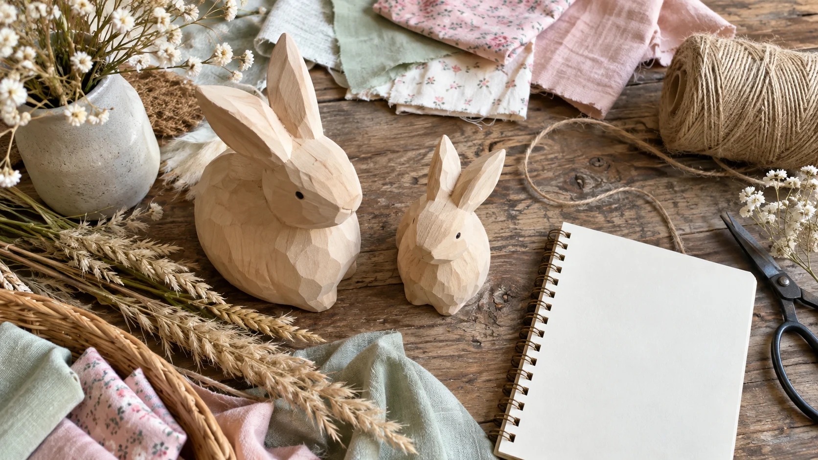 A handmade wooden rabbit sits among simple craft materials.