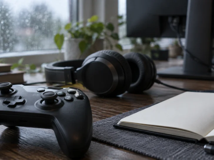 A generic controller, headset, and blank notebook sit in soft rainy-day light.