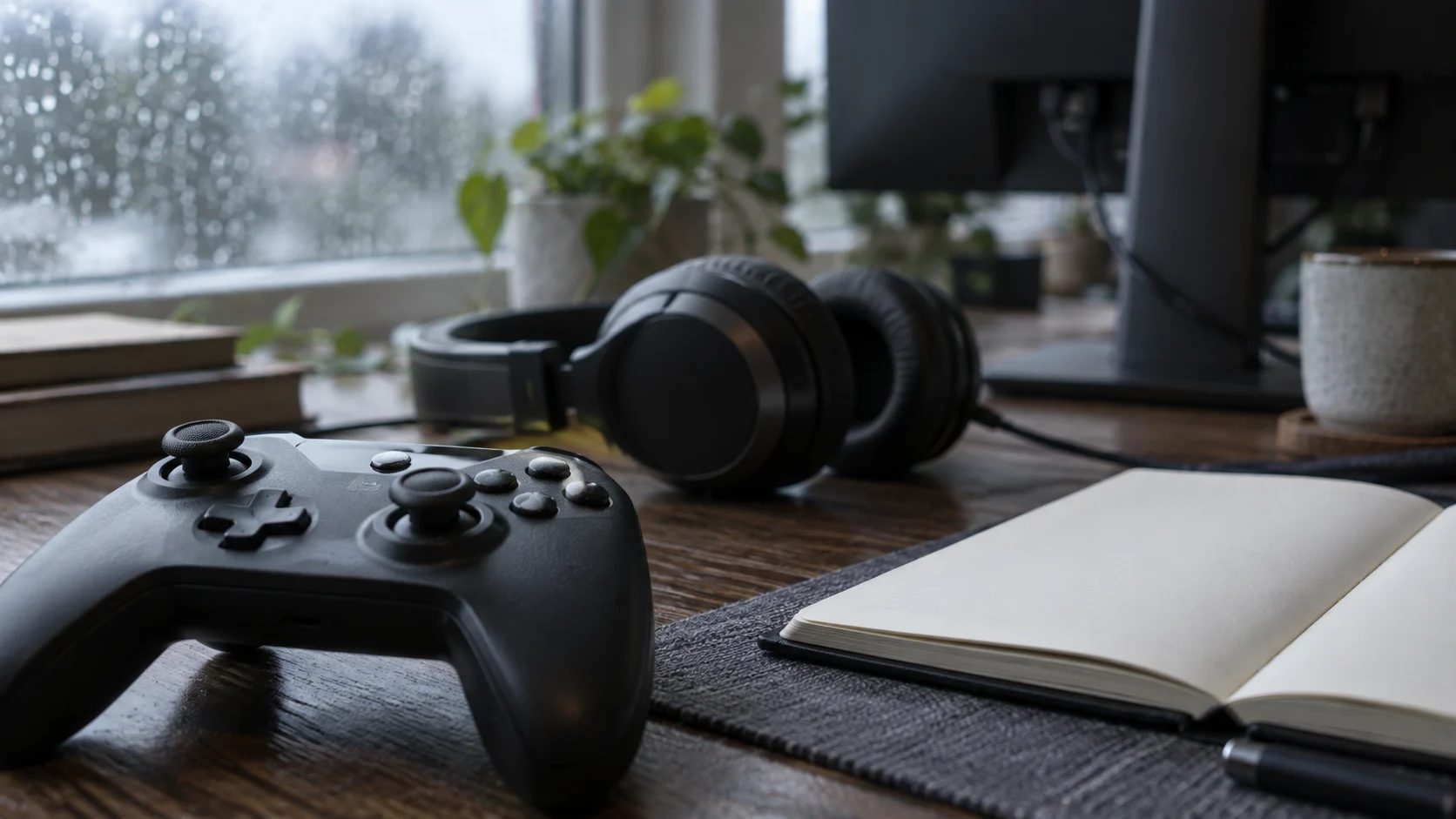 A generic controller, headset, and blank notebook sit in soft rainy-day light.