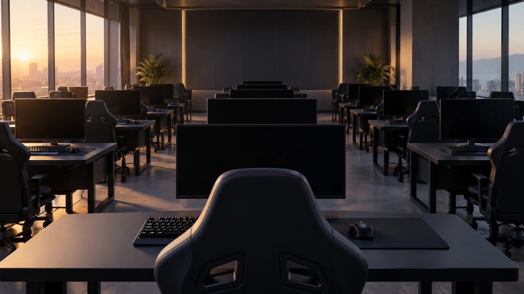 Rows of blank monitors and generic keyboards wait in an empty practice room at dawn.
