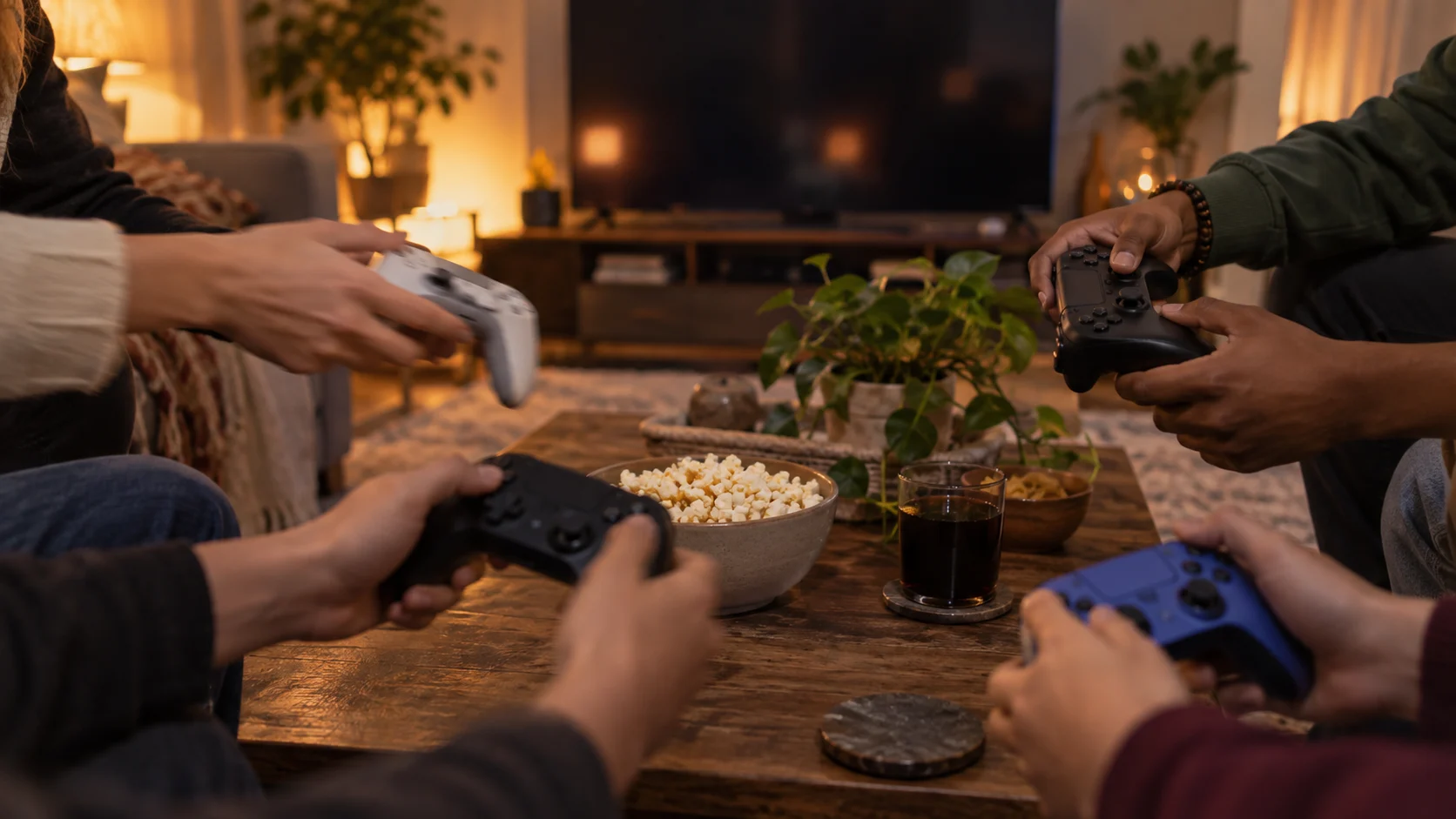 Friends prepare generic controllers around a warm living-room coffee table.