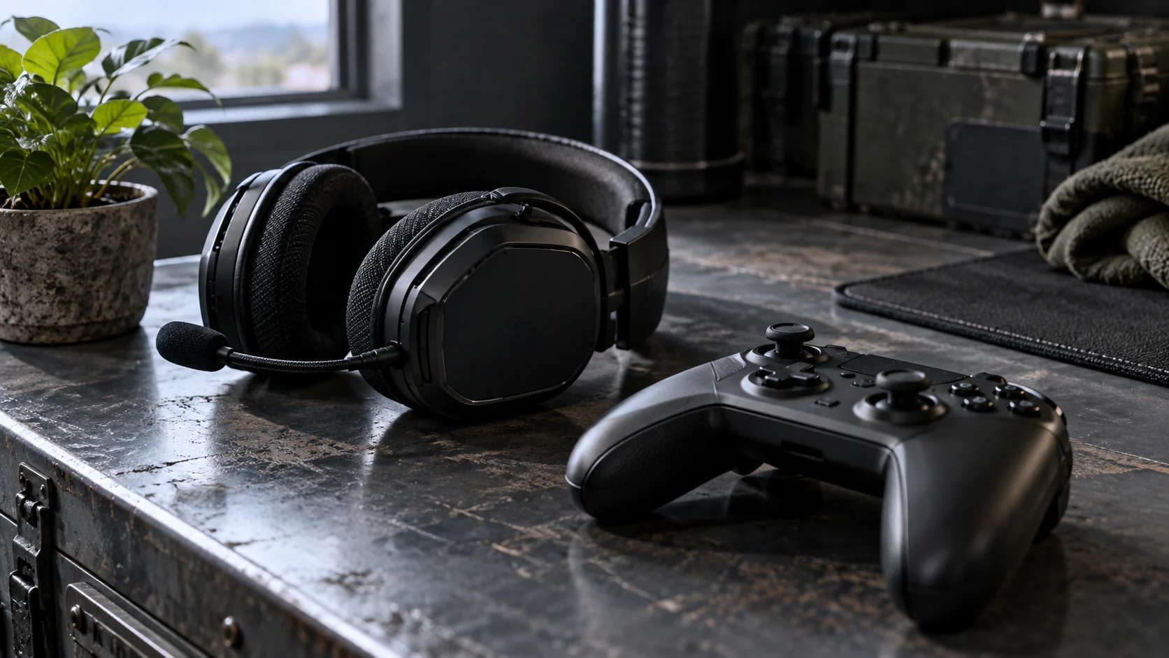 An unbranded headset and controller sit on a rugged metal desk in cool side light.