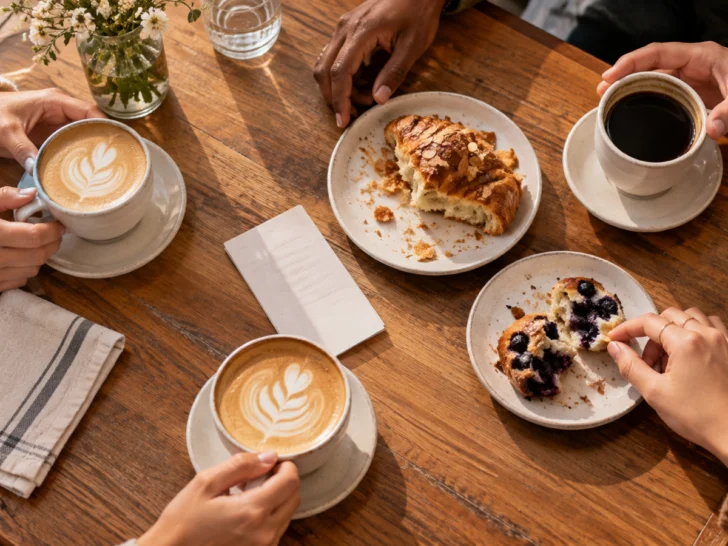 Anonymous friends sharing coffee and pastries around a blank face-down receipt