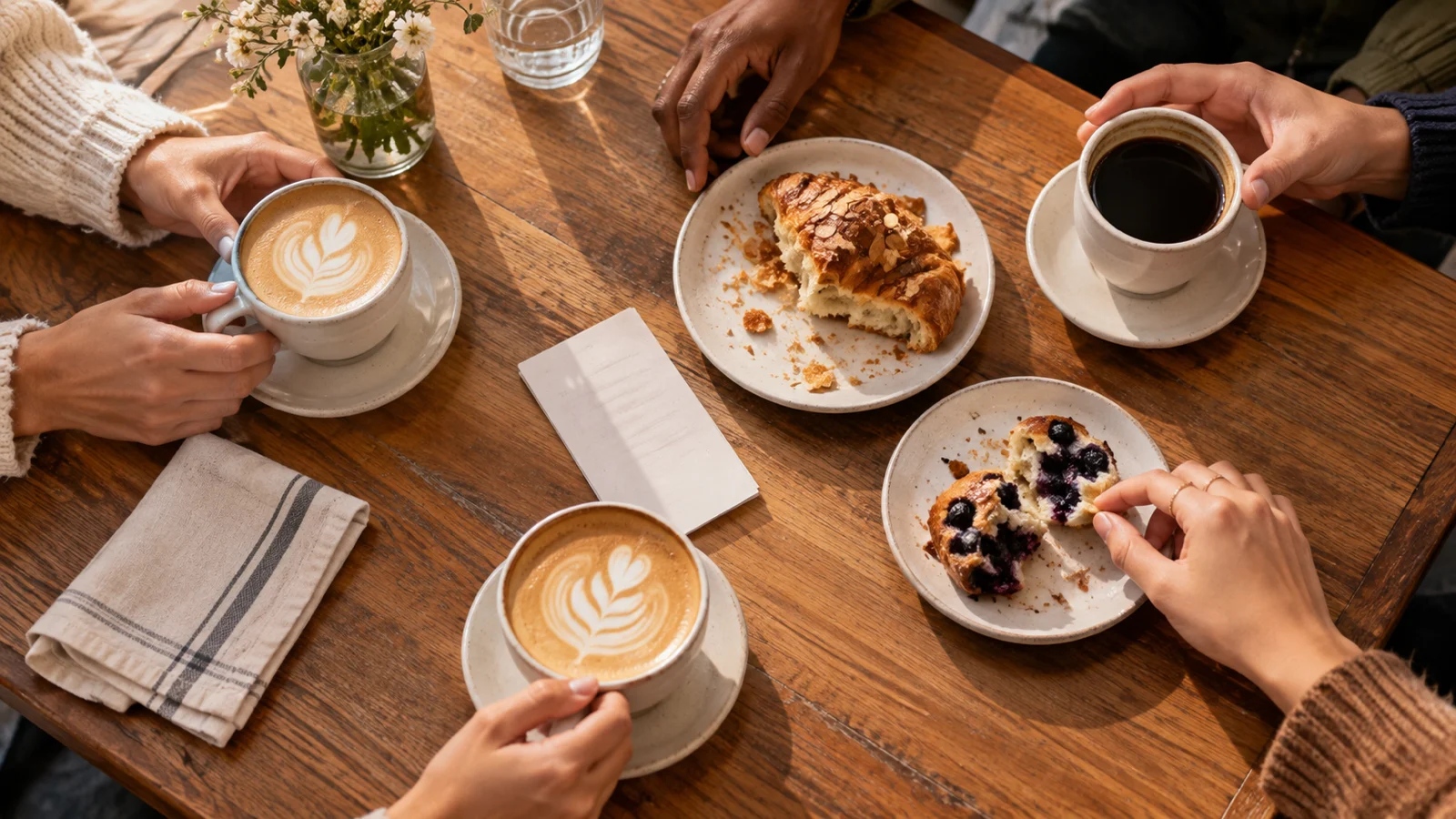 Anonymous friends sharing coffee and pastries around a blank face-down receipt