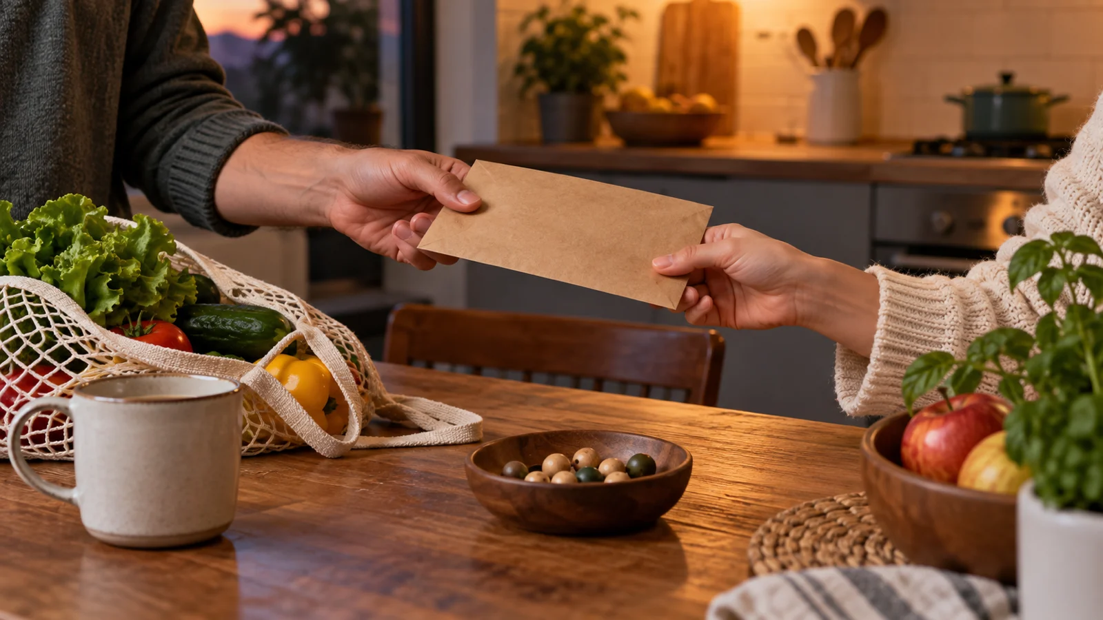 Anonymous hands exchanging a blank envelope beside groceries and wooden beads