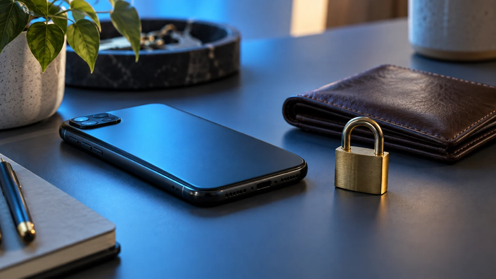 Face-down generic phone plain wallet and brass lock on a blue-lit desk