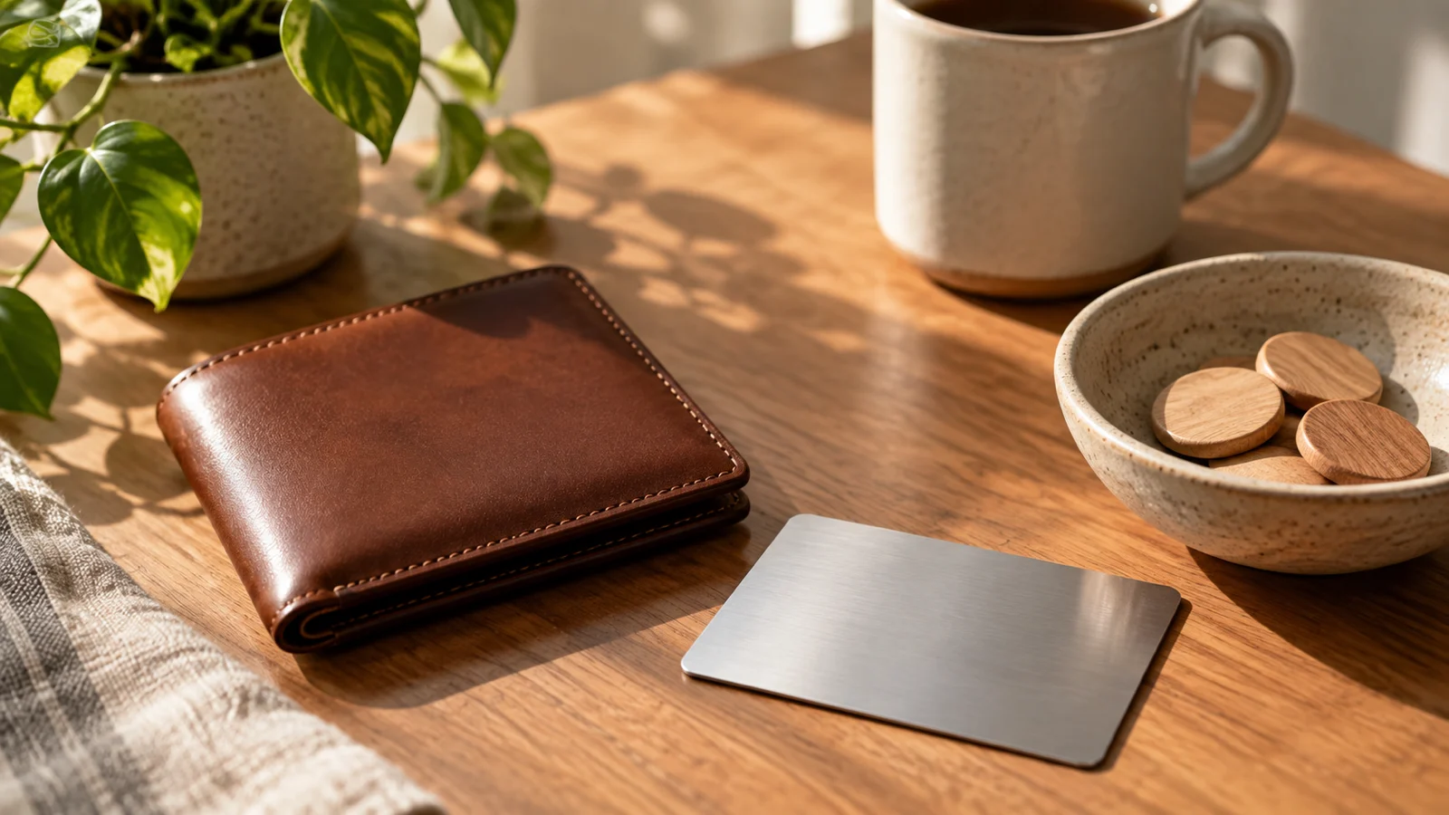Plain wallet blank metal card and unmarked wooden tokens in warm sunlight