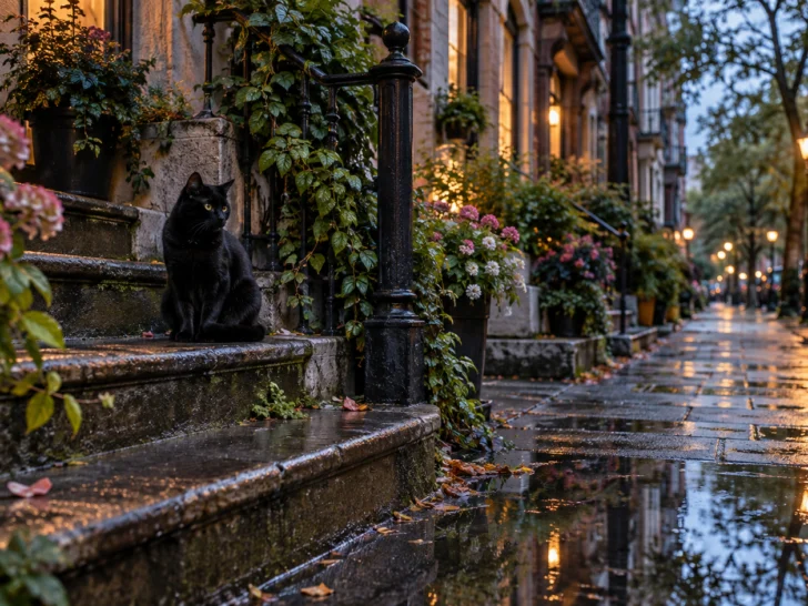 A black cat sits on a wet front stoop after an autumn rain.