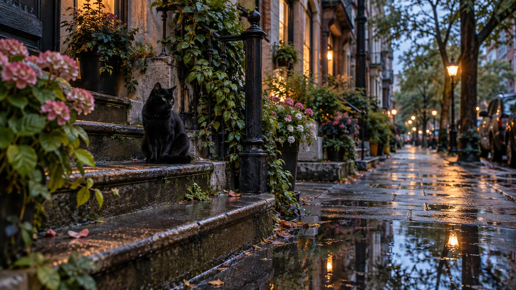 A black cat sits on a wet front stoop after an autumn rain.