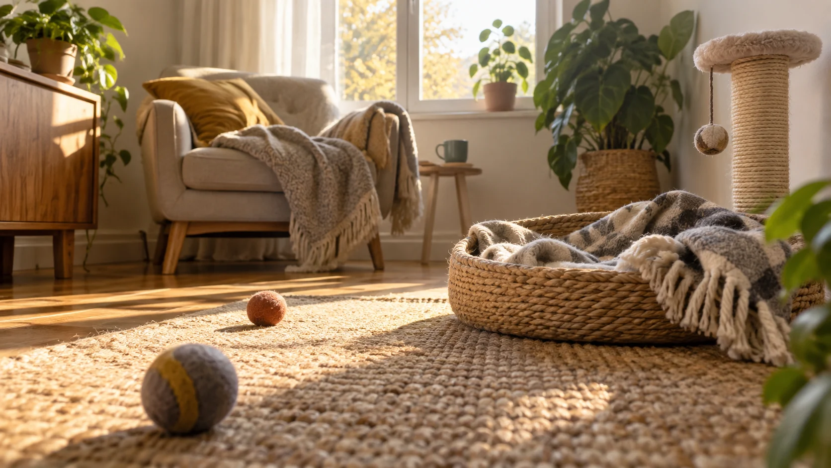 A curled cat naps beside a chair in a warm reading corner.