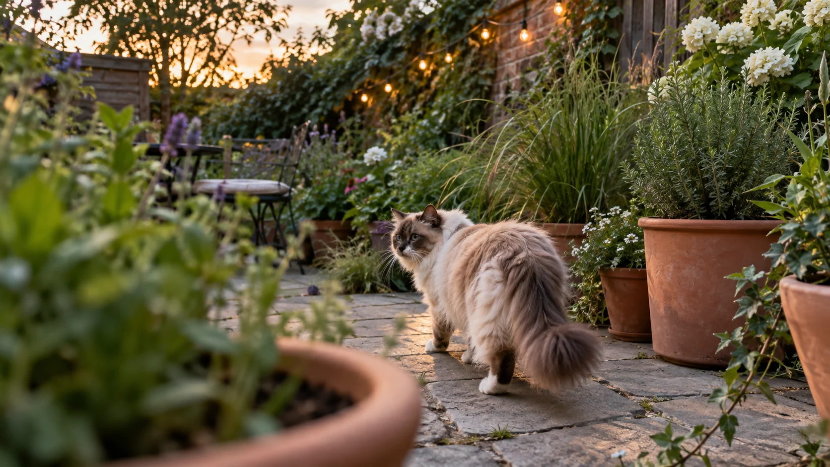 A fluffy cat lounges beneath potted plants on a sunny garden patio.