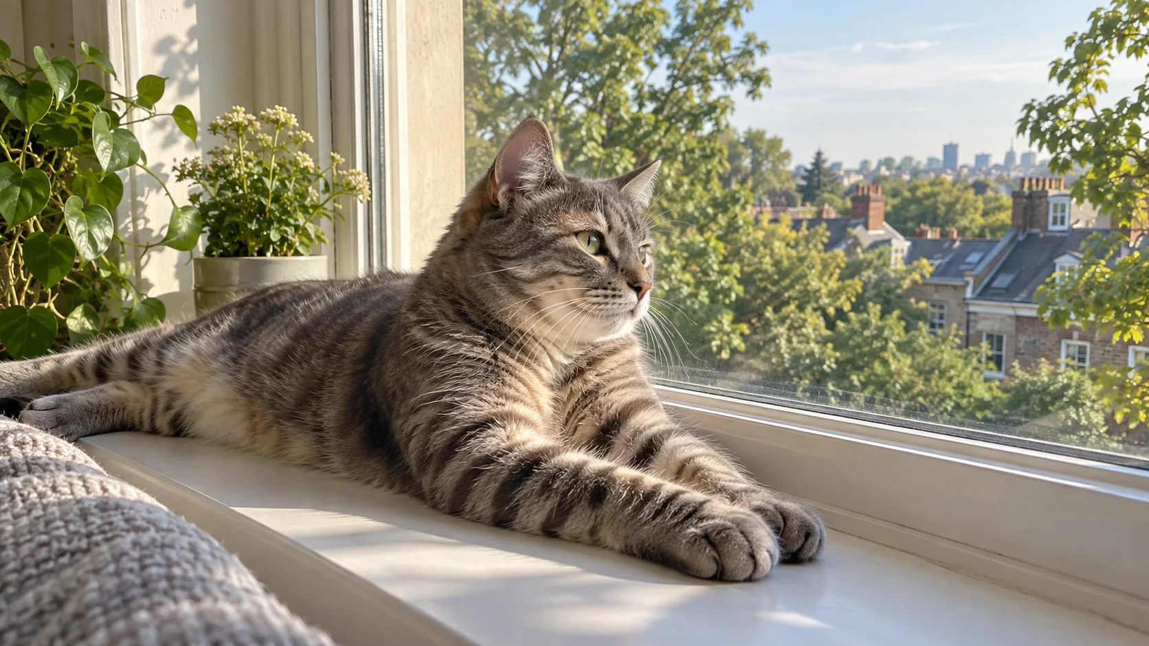 A tabby cat watches soft morning light from a cottage windowsill.