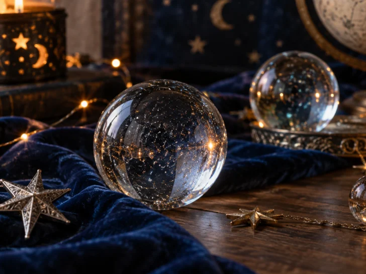 A brass telescope and celestial objects sit on a warmly lit table.