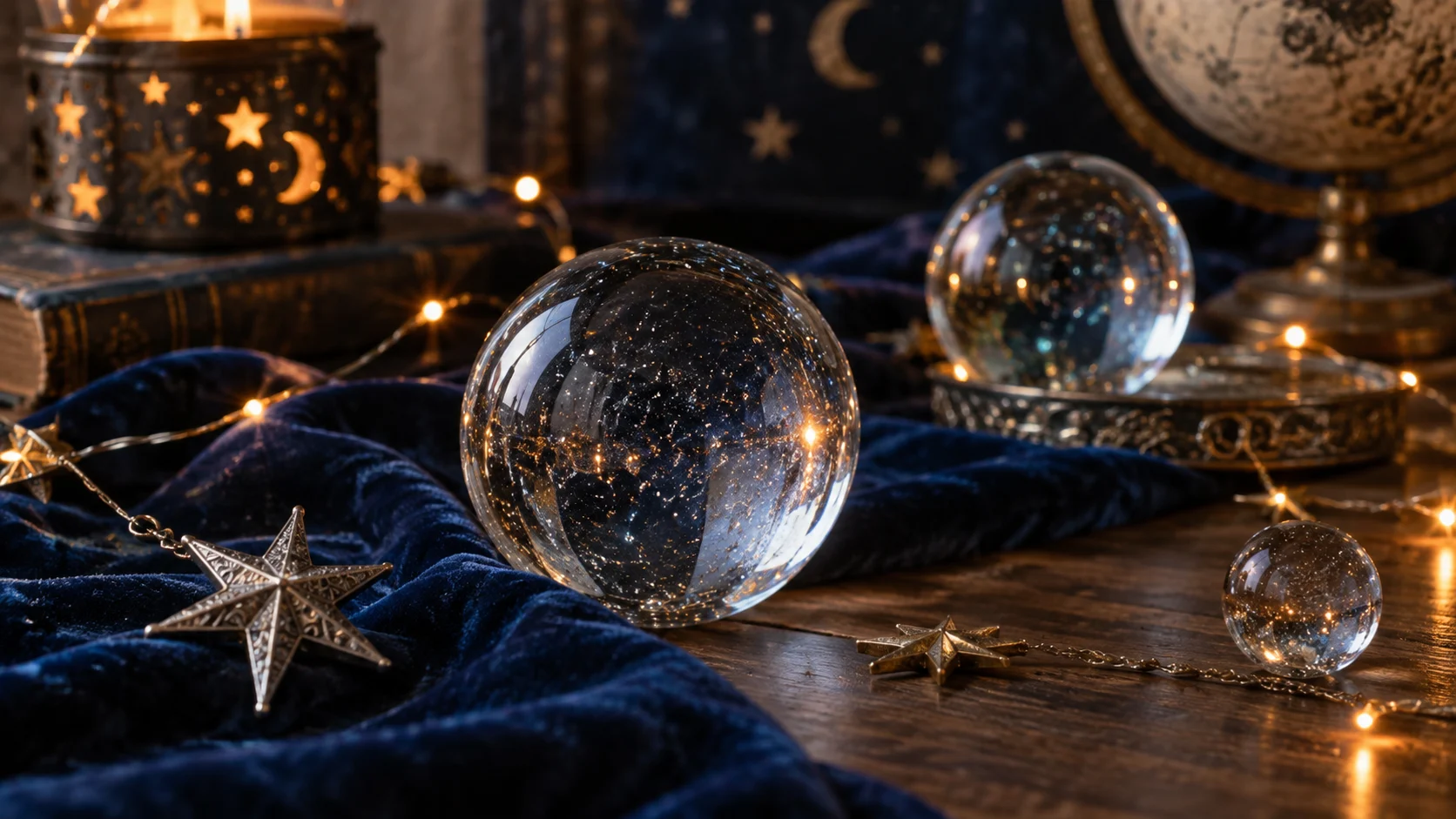 A brass telescope and celestial objects sit on a warmly lit table.