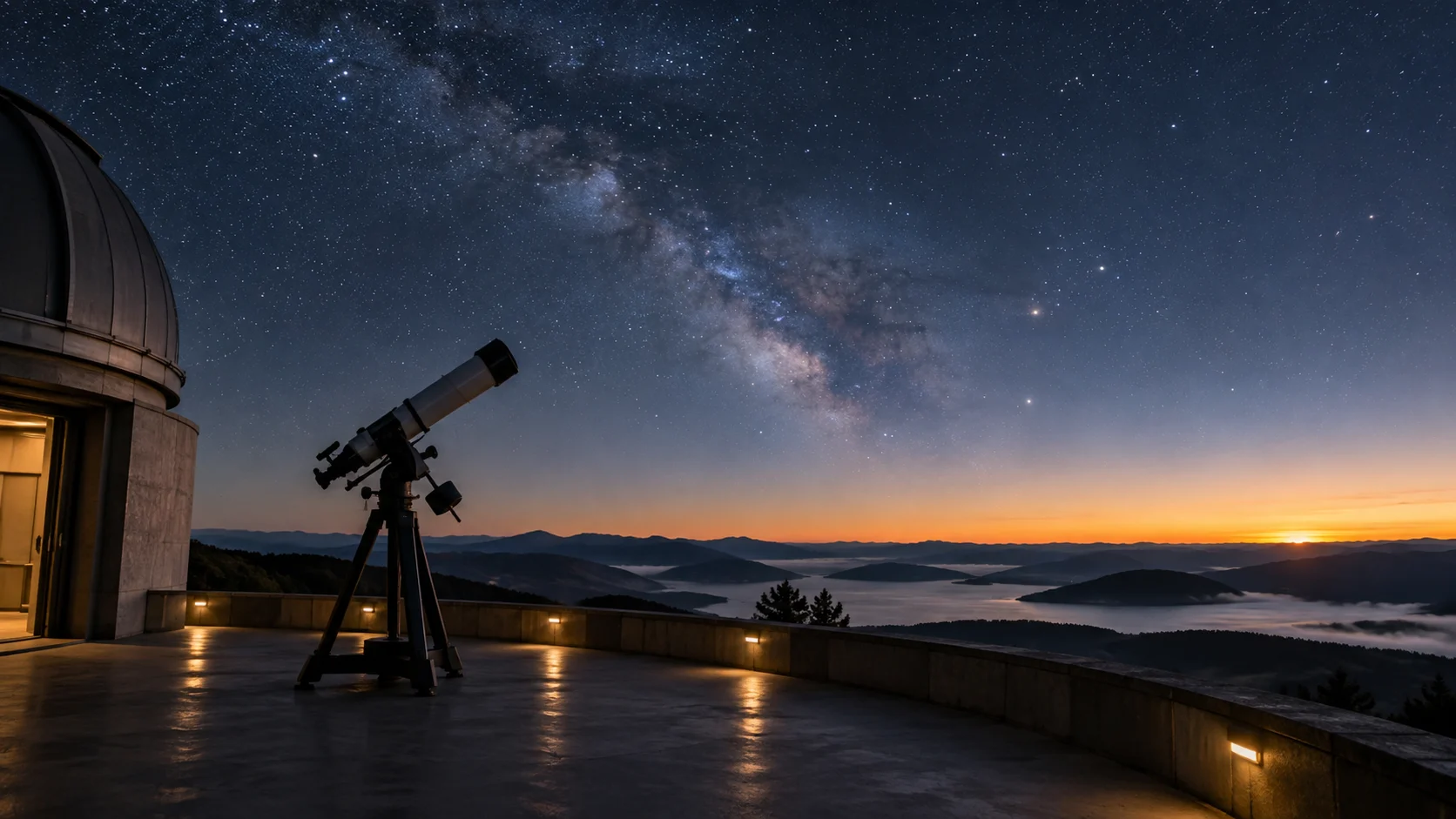 A hilltop observatory stands beneath a vivid star-filled sky.